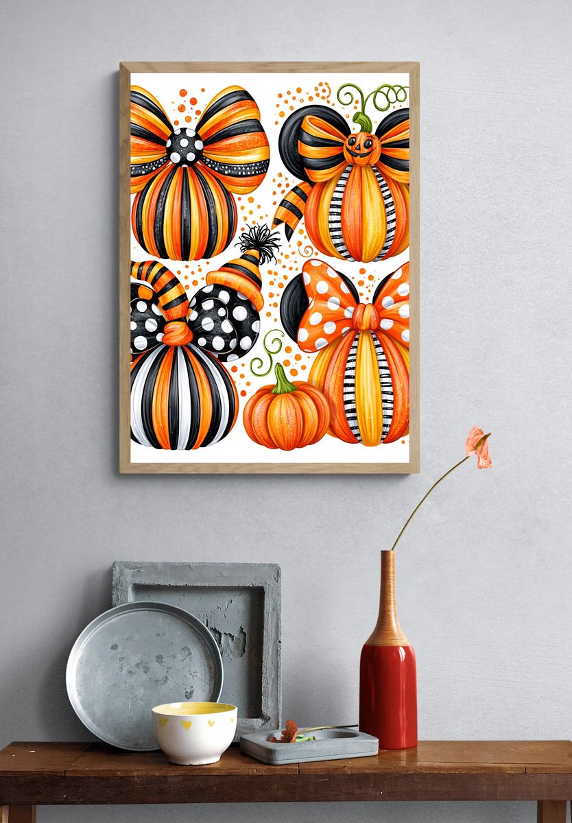 Halloween Pumpkin Bows Illustration Poster. — room view 3