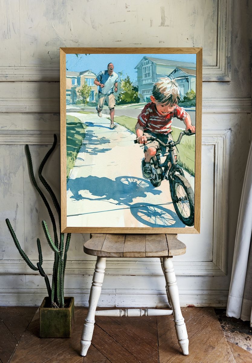 Boy Riding Bike Watercolor Poster. room preview