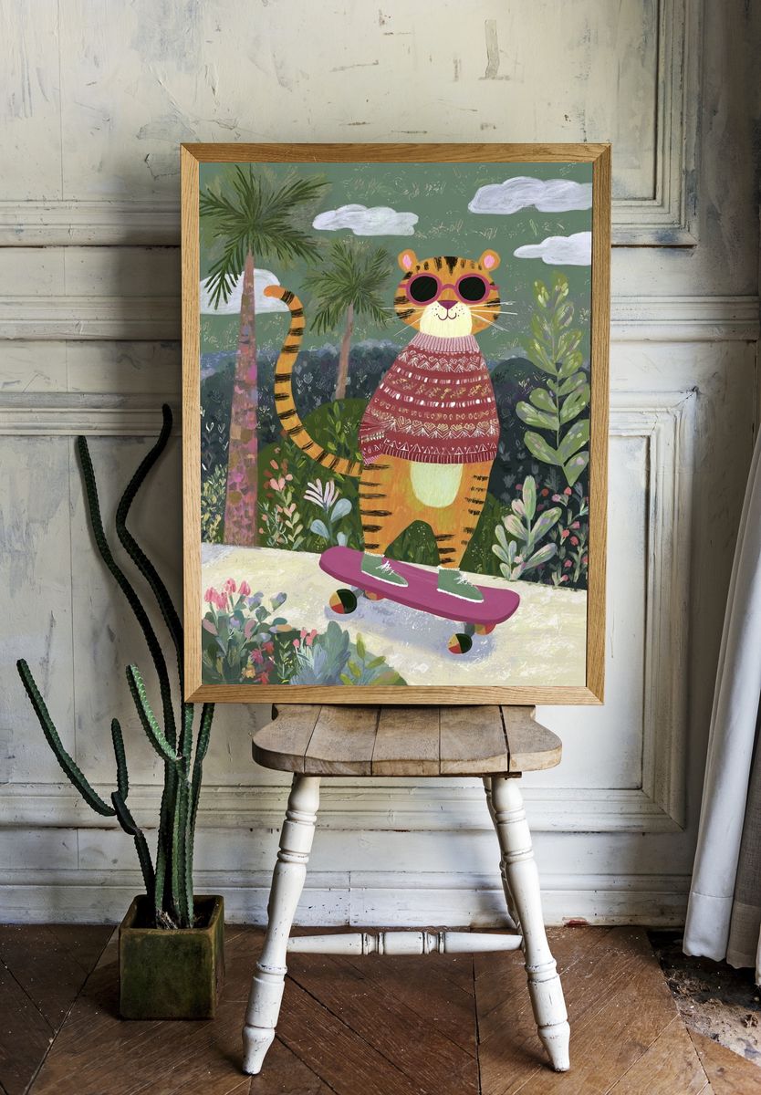 Skateboarding Tiger Illustration Poster room preview