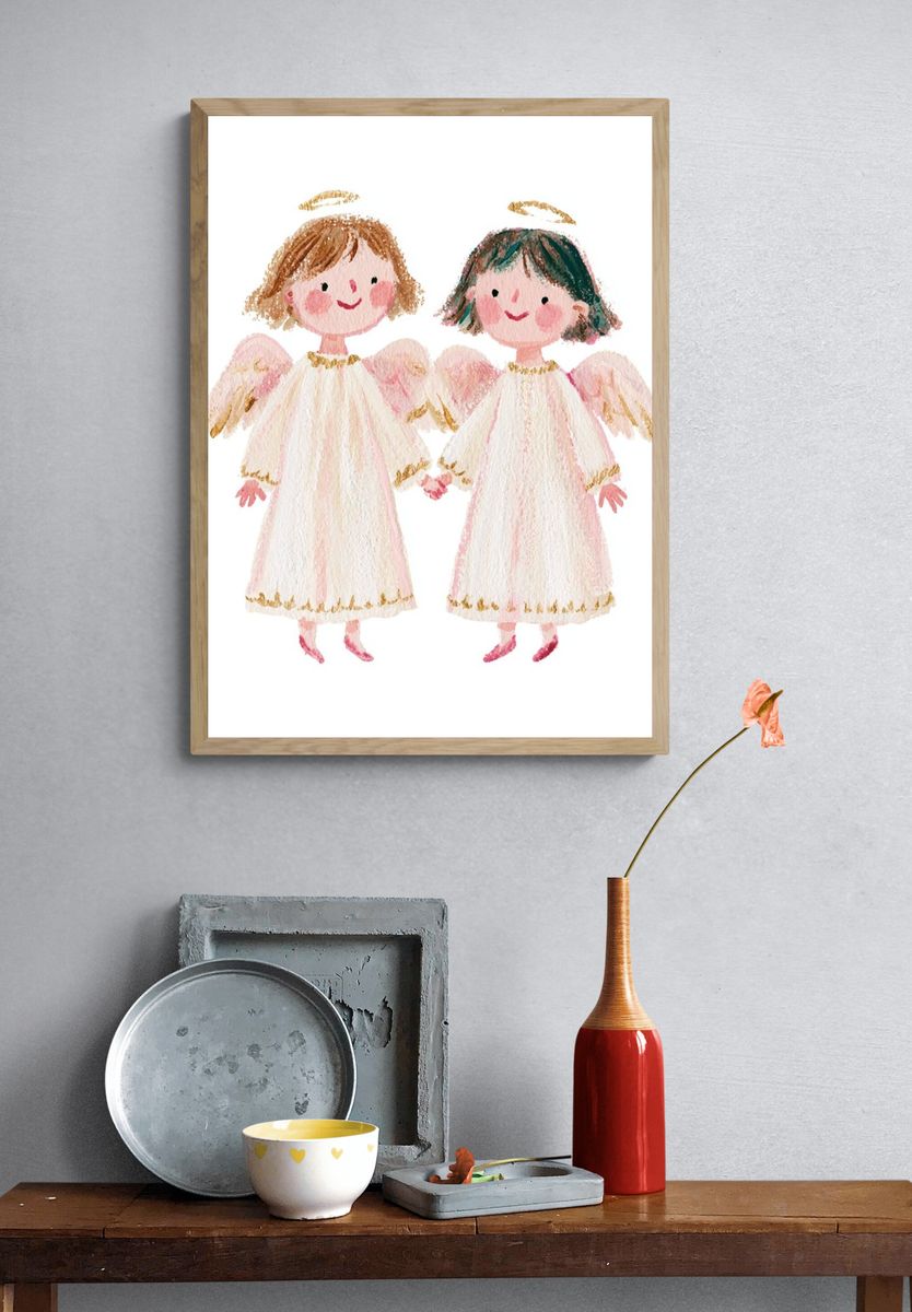 Two Angels Watercolor Print. — room view 3