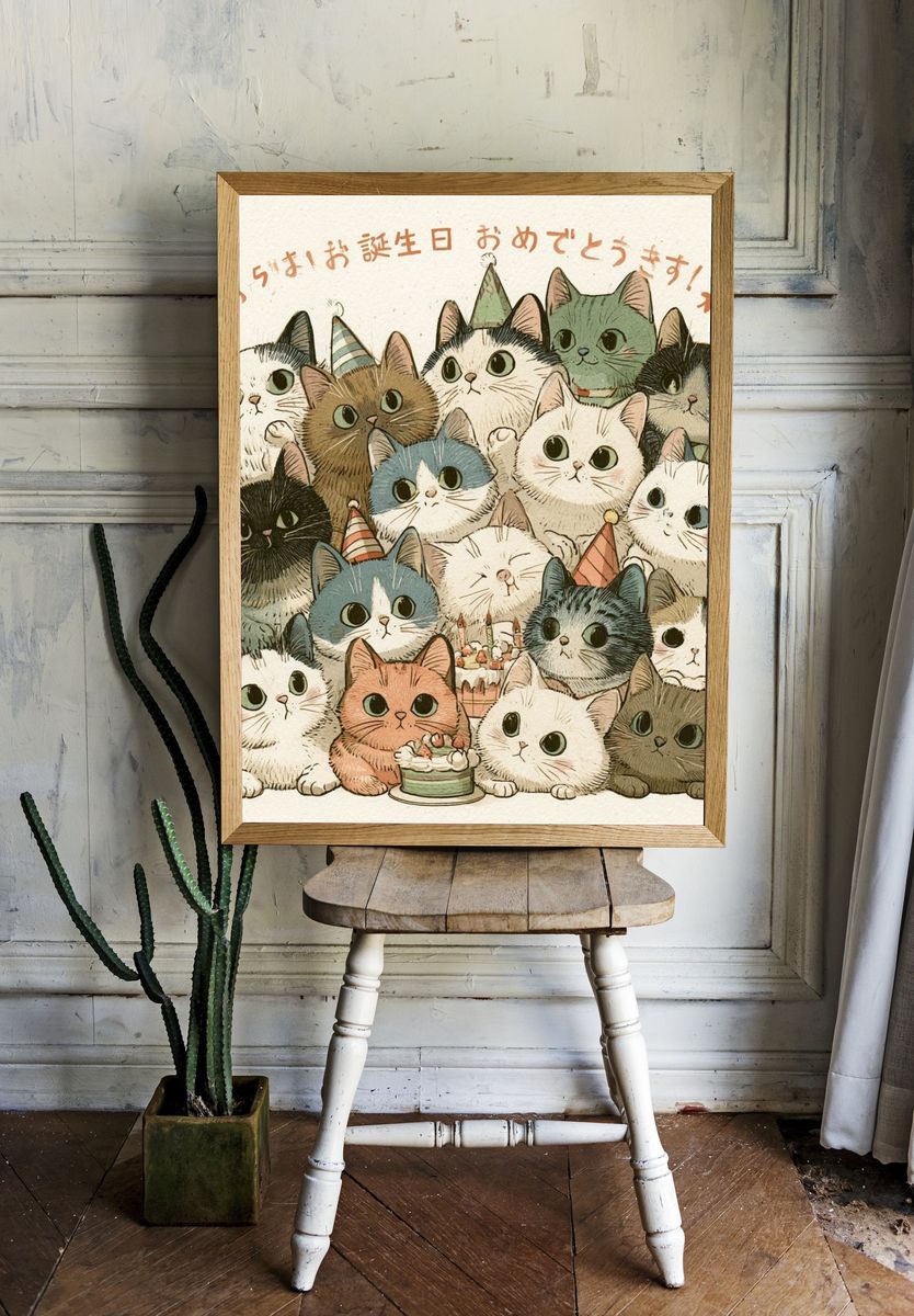Birthday Cats Illustration Poster. room preview