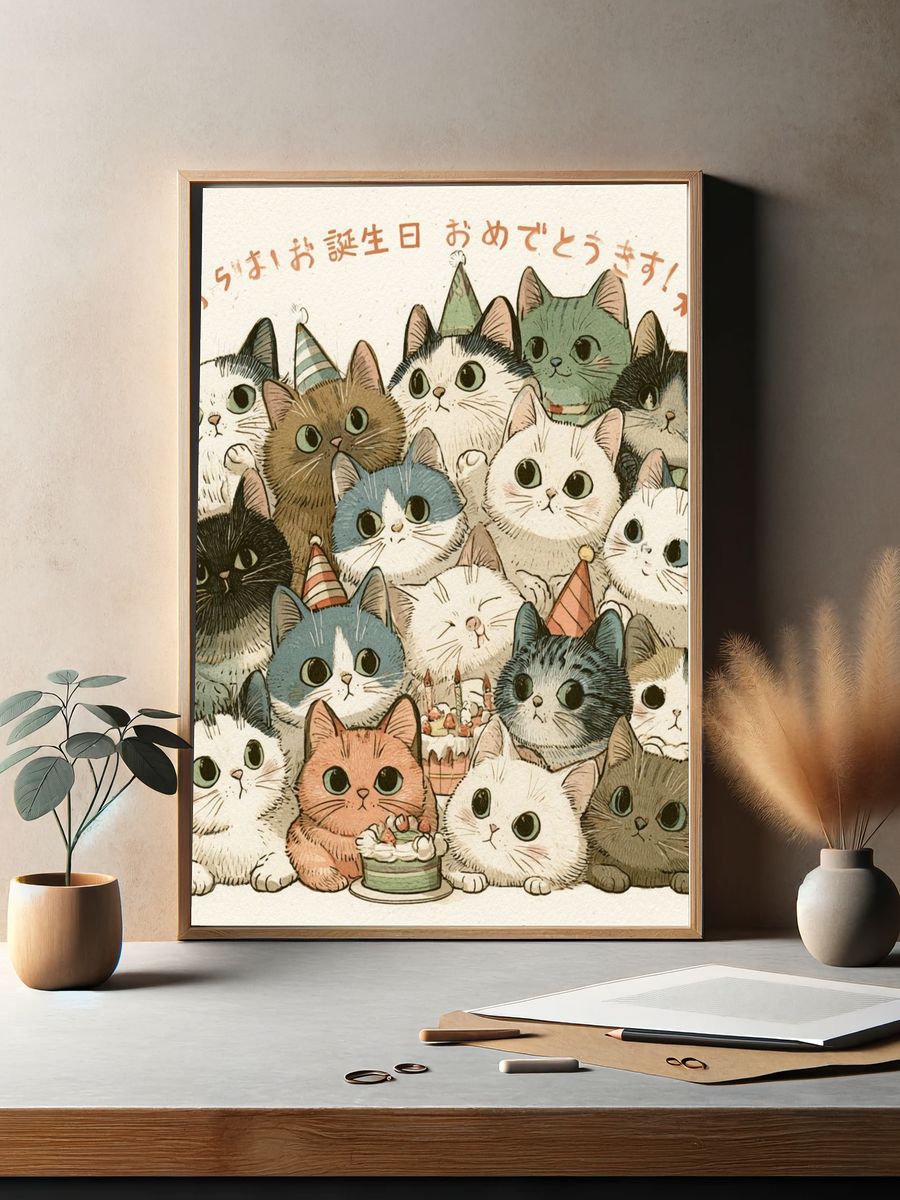 Birthday Cats Illustration Poster. — room view 2