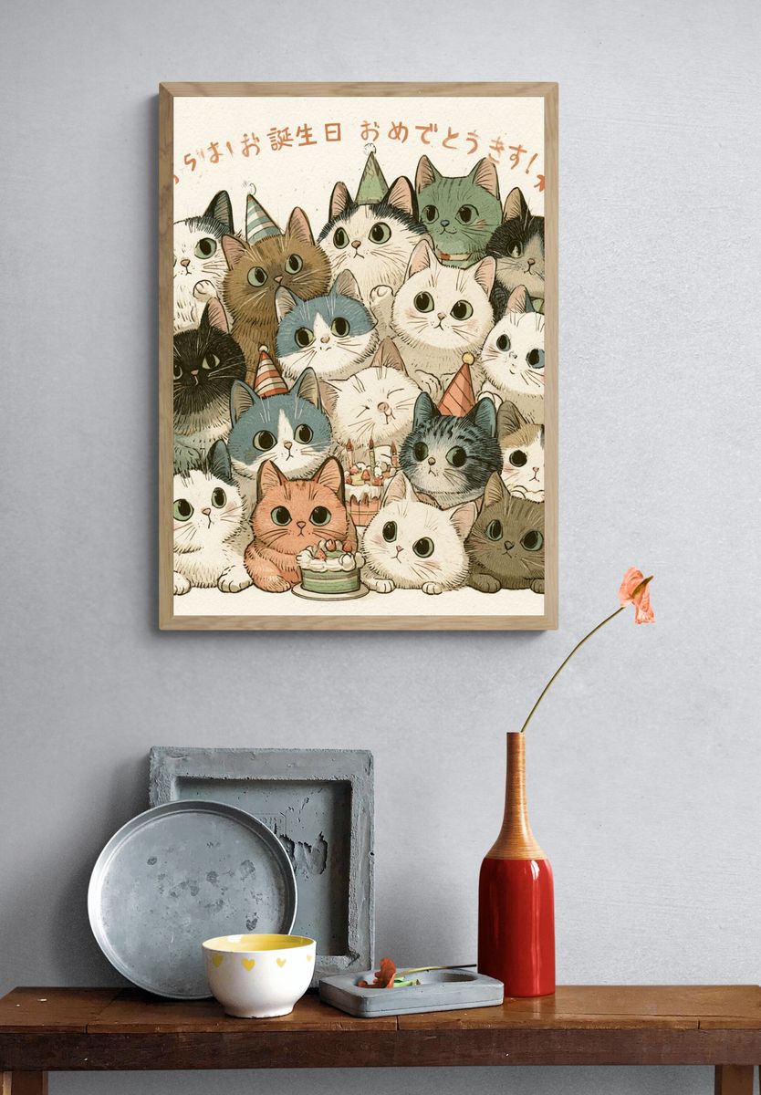 Birthday Cats Illustration Poster. — room view 3