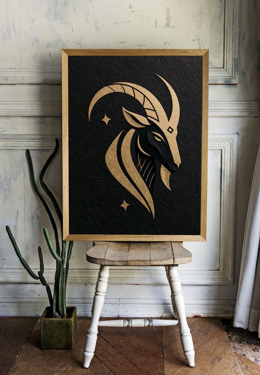 Golden Ram Zodiac Illustration Poster. — room view 1