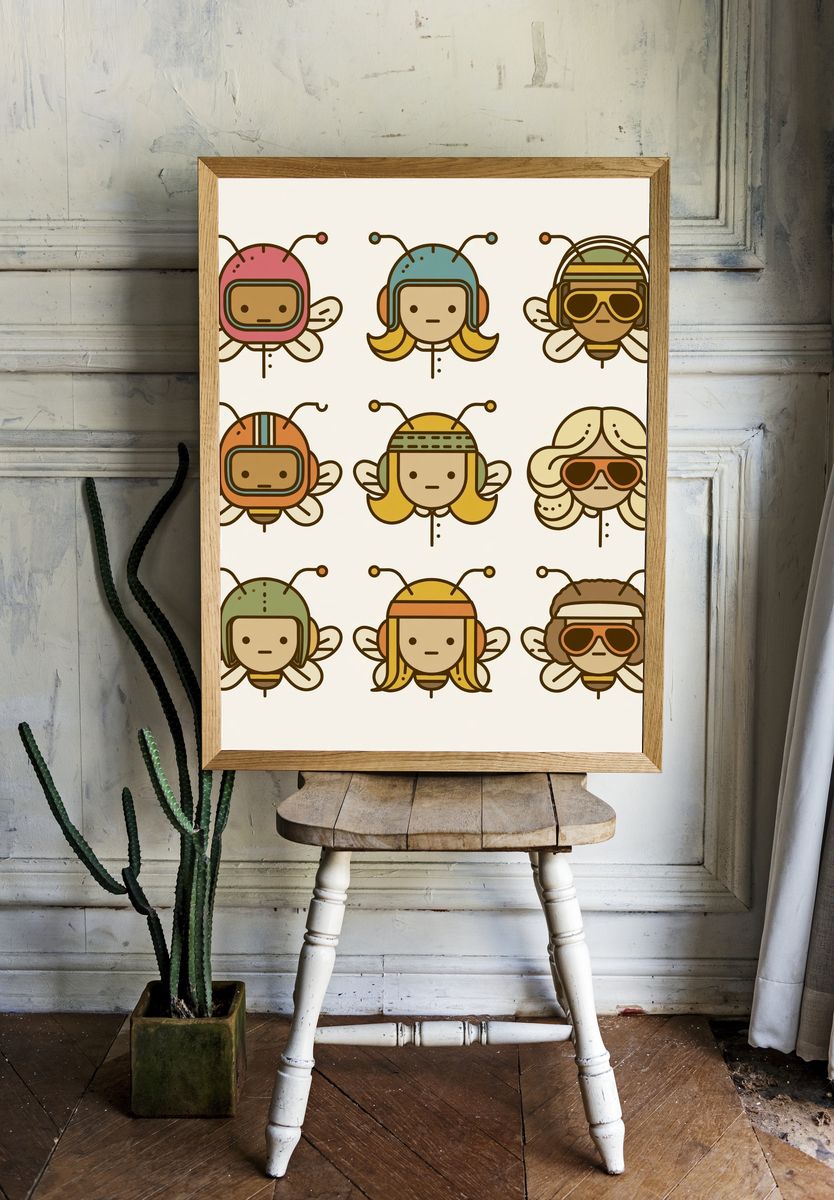 Cute Bee Characters Illustration Print. room preview