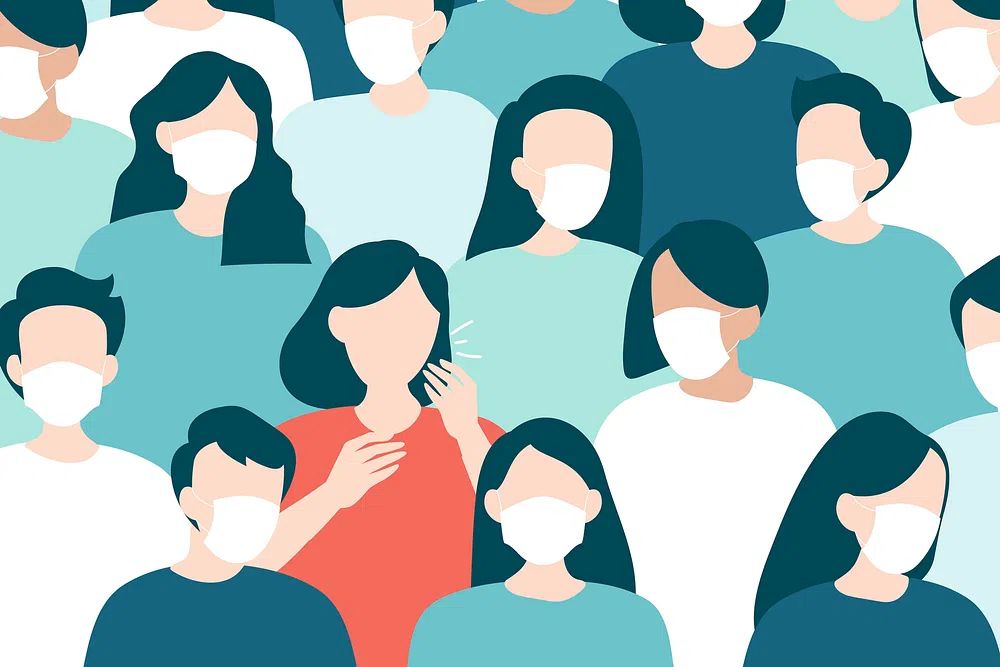 Coughing woman masked crowd covid-19. poster — illustration art