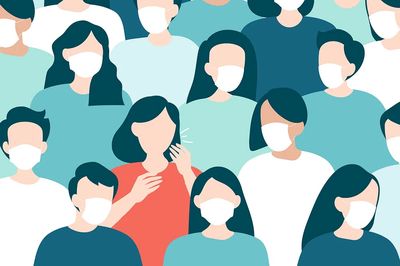 Coughing woman masked crowd covid-19. poster print