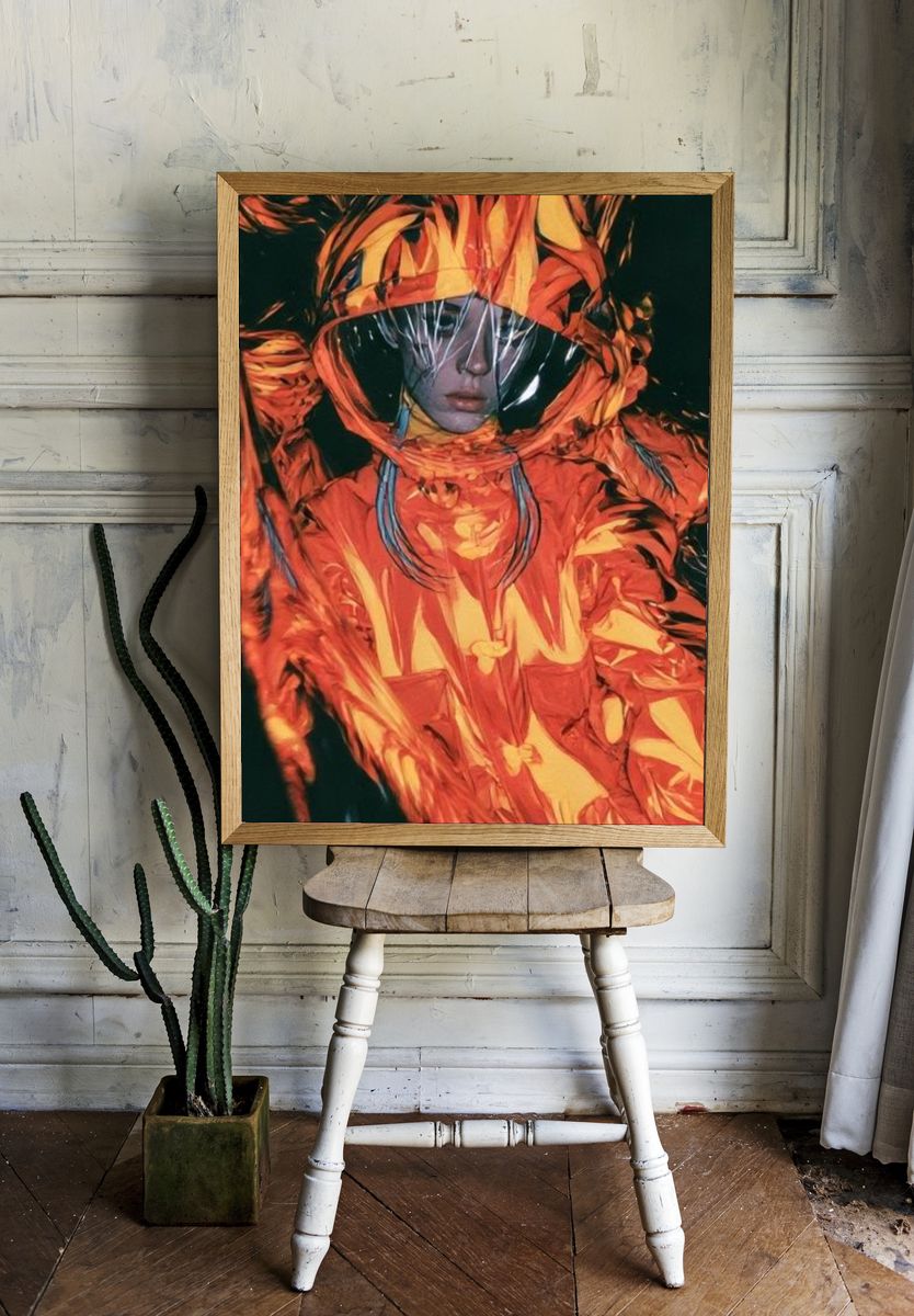 Futuristic Orange Hooded Portrait Print. — room view 1