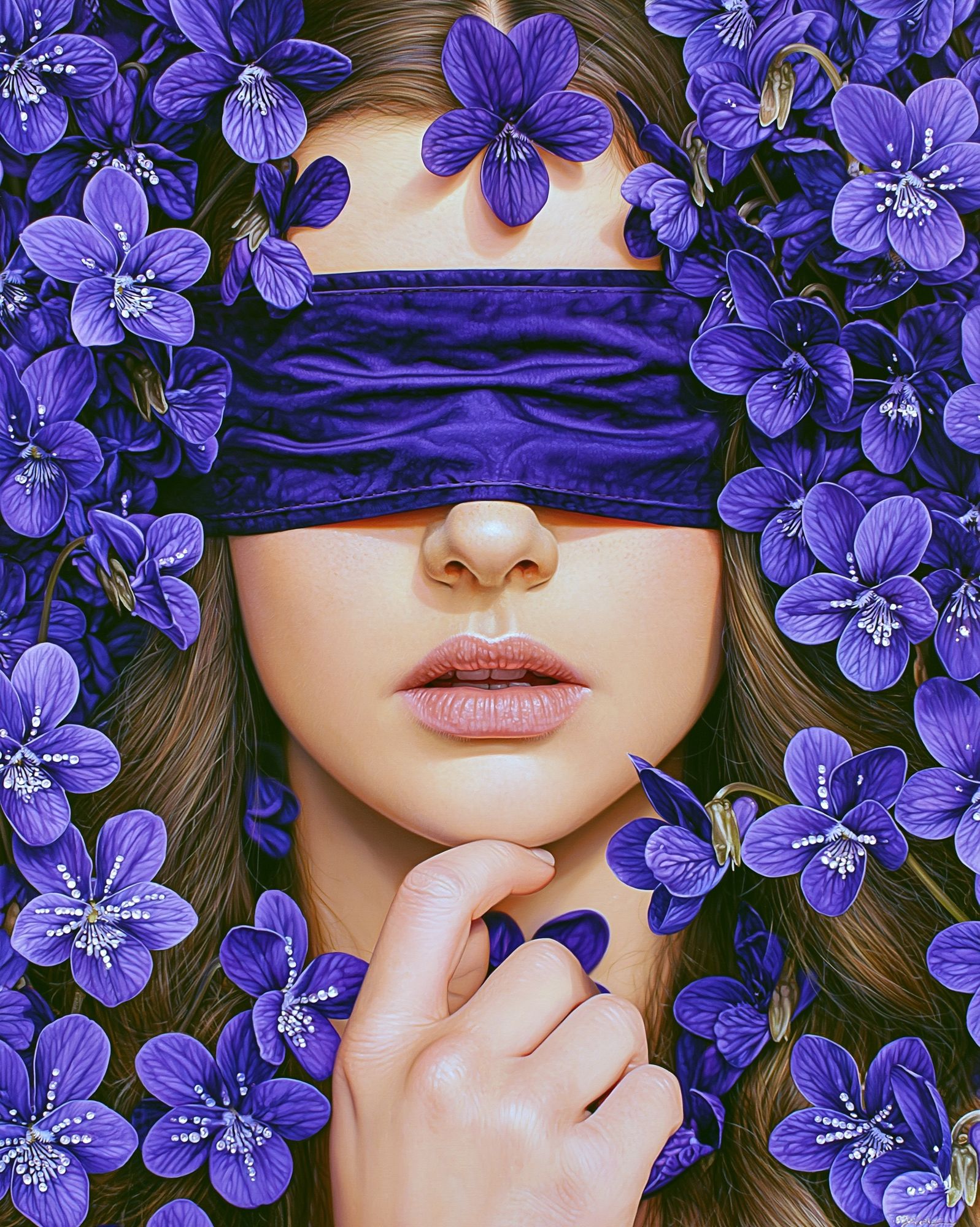 Purple Floral Blindfold Portrait Print. poster — illustration art