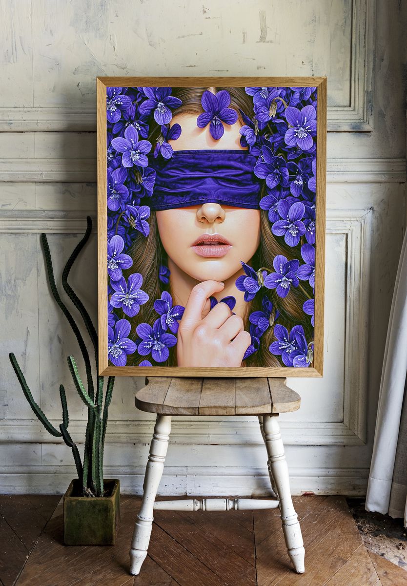 Purple Floral Blindfold Portrait Print. — room view 1