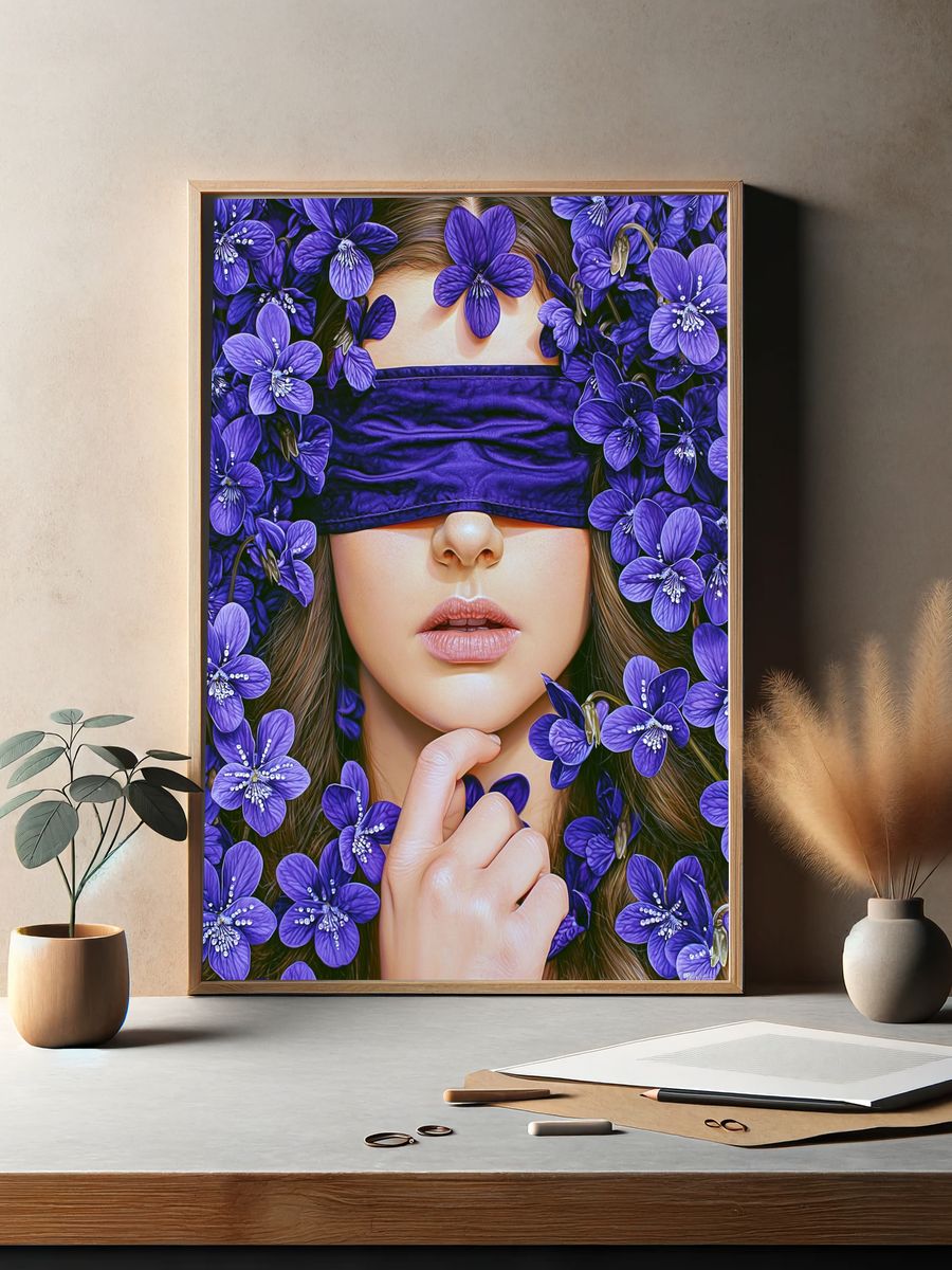 Purple Floral Blindfold Portrait Print. — room view 2