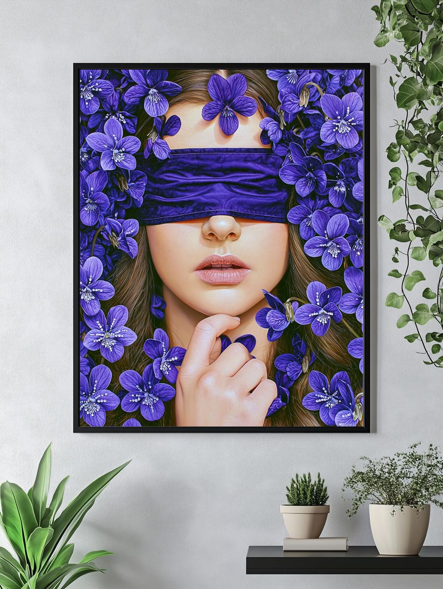 Purple Floral Blindfold Portrait Print. — room view 4