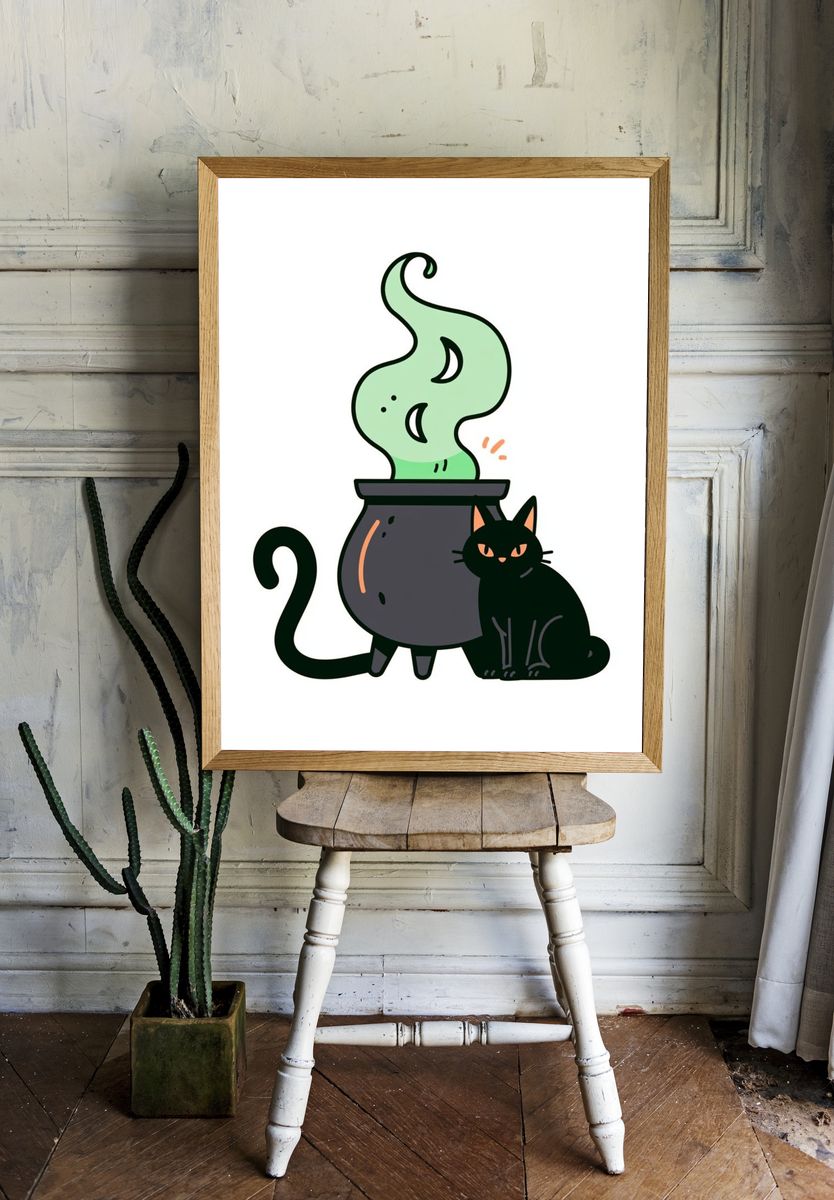 Black Cat Cauldron Illustration Poster. — room view 1
