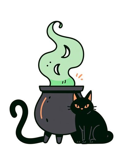 Black Cat Cauldron Illustration Poster. poster print