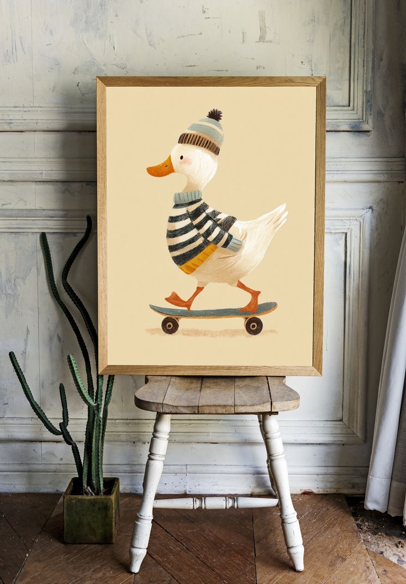 Skateboarding Duck Illustration Poster. — room view 1
