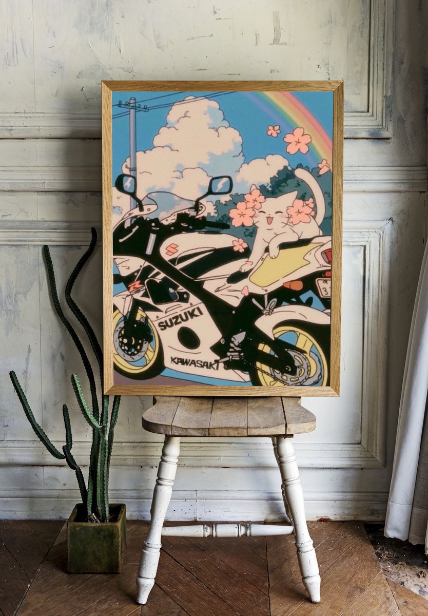 Kawaii Motorcycle Rainbow Poster. — room view 1