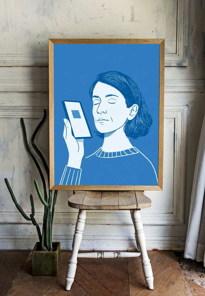 Meditative Woman with Phone Illustration Poster. — room view 1
