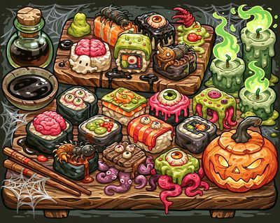 Halloween Sushi Feast Illustration Poster.