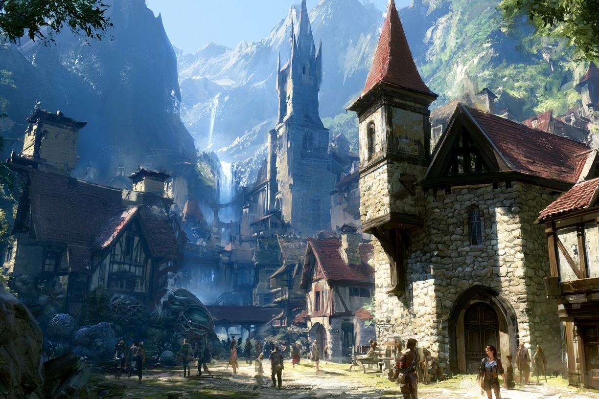Fantasy Mountain Village Illustration Poster. poster — illustration art