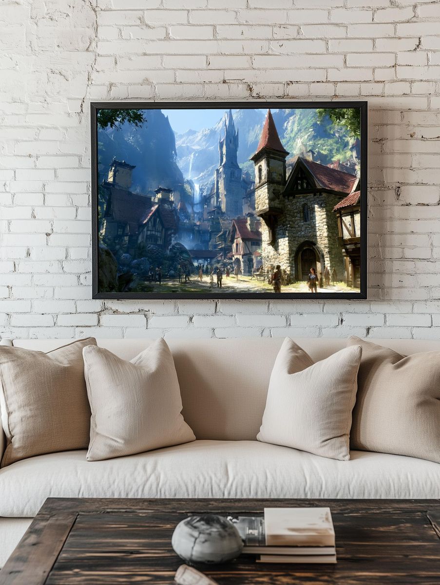 Fantasy Mountain Village Illustration Poster. room preview