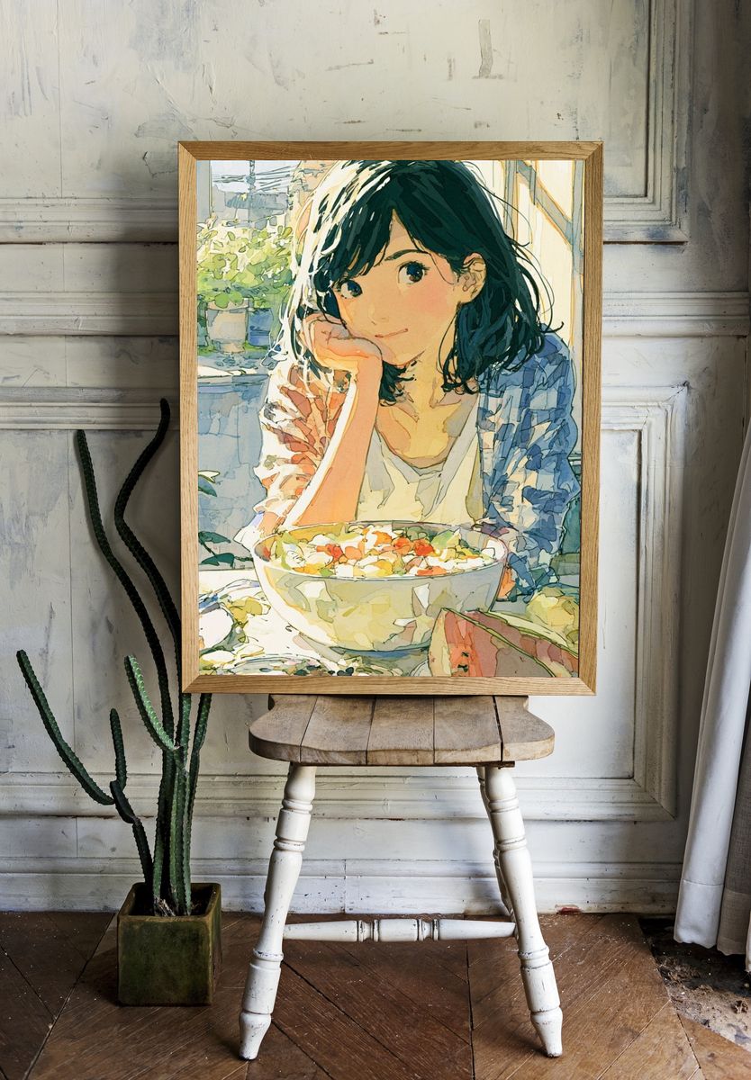 Girl with Fruit Bowl Watercolor Print. room preview