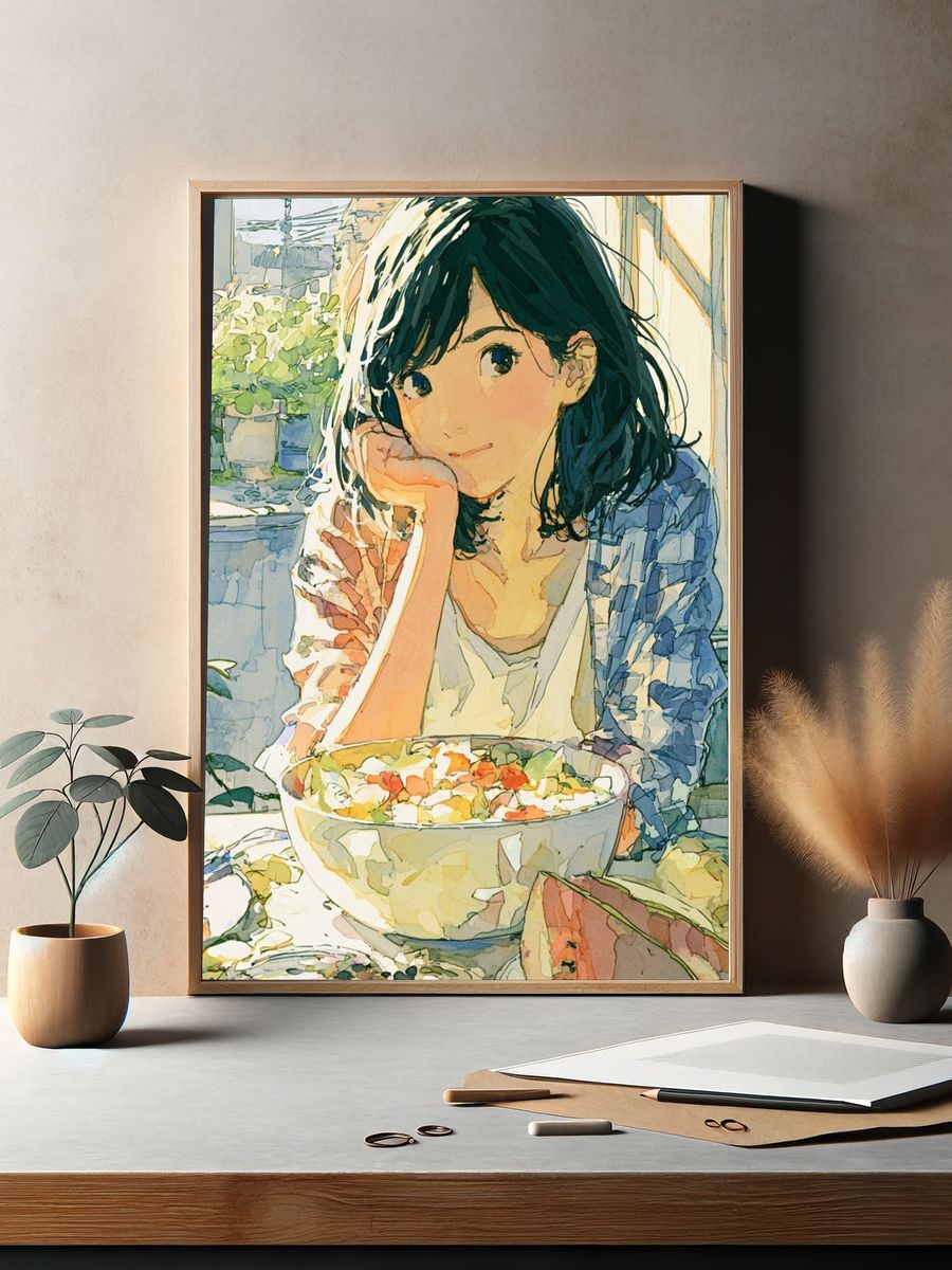 Girl with Fruit Bowl Watercolor Print. — room view 2