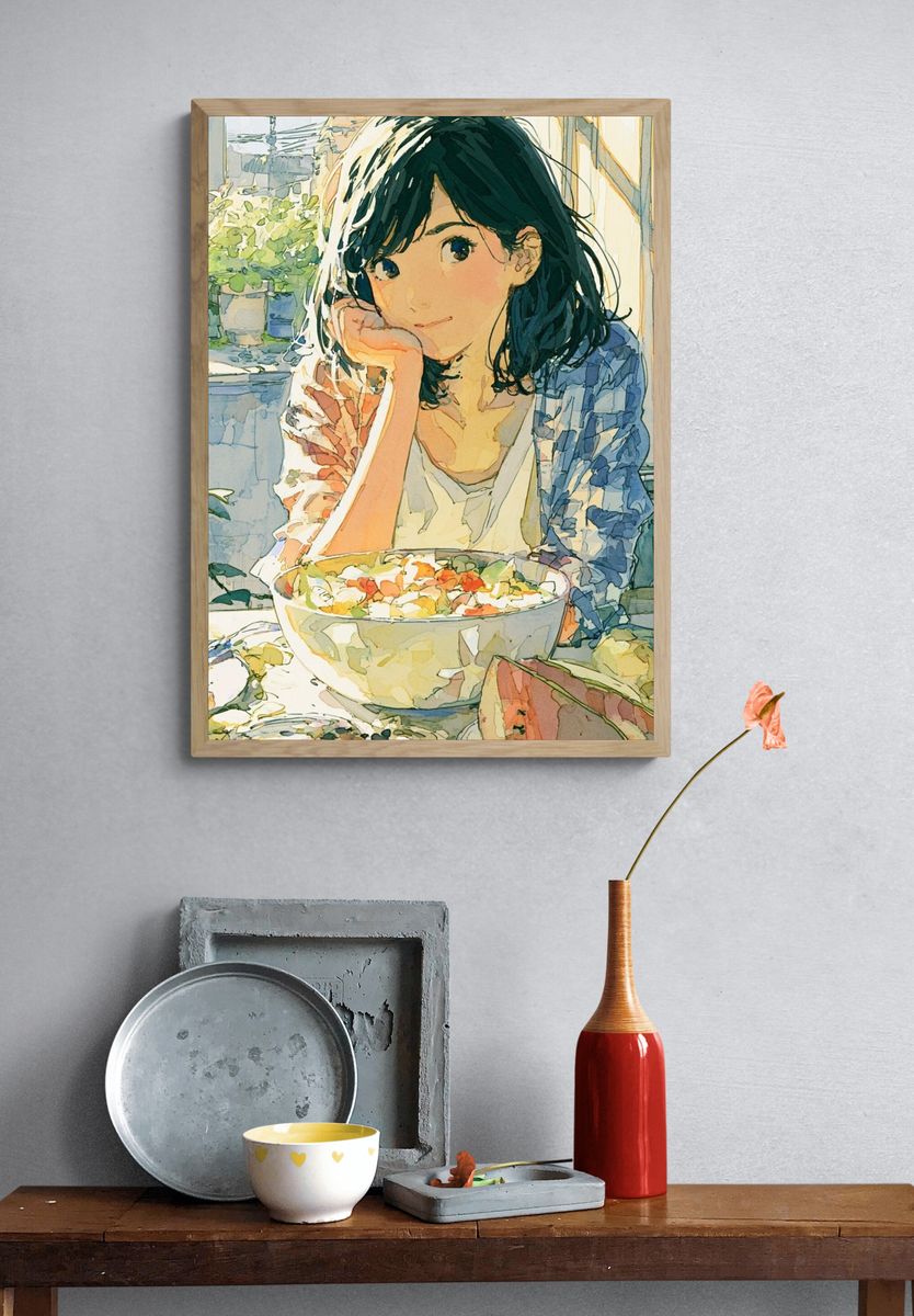 Girl with Fruit Bowl Watercolor Print. — room view 3