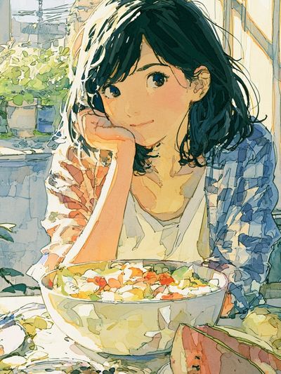 Girl with Fruit Bowl Watercolor Print. poster print