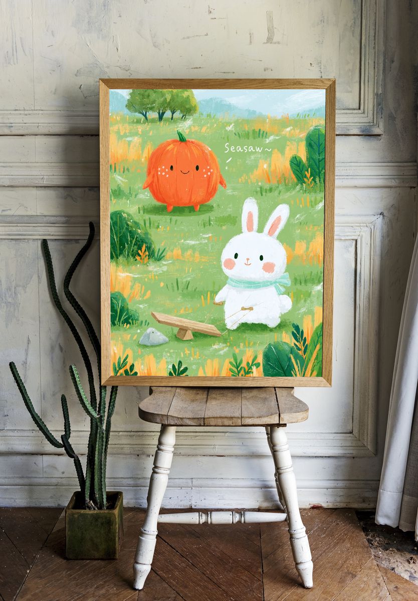 Cute Bunny and Pumpkin Illustration Poster. room preview