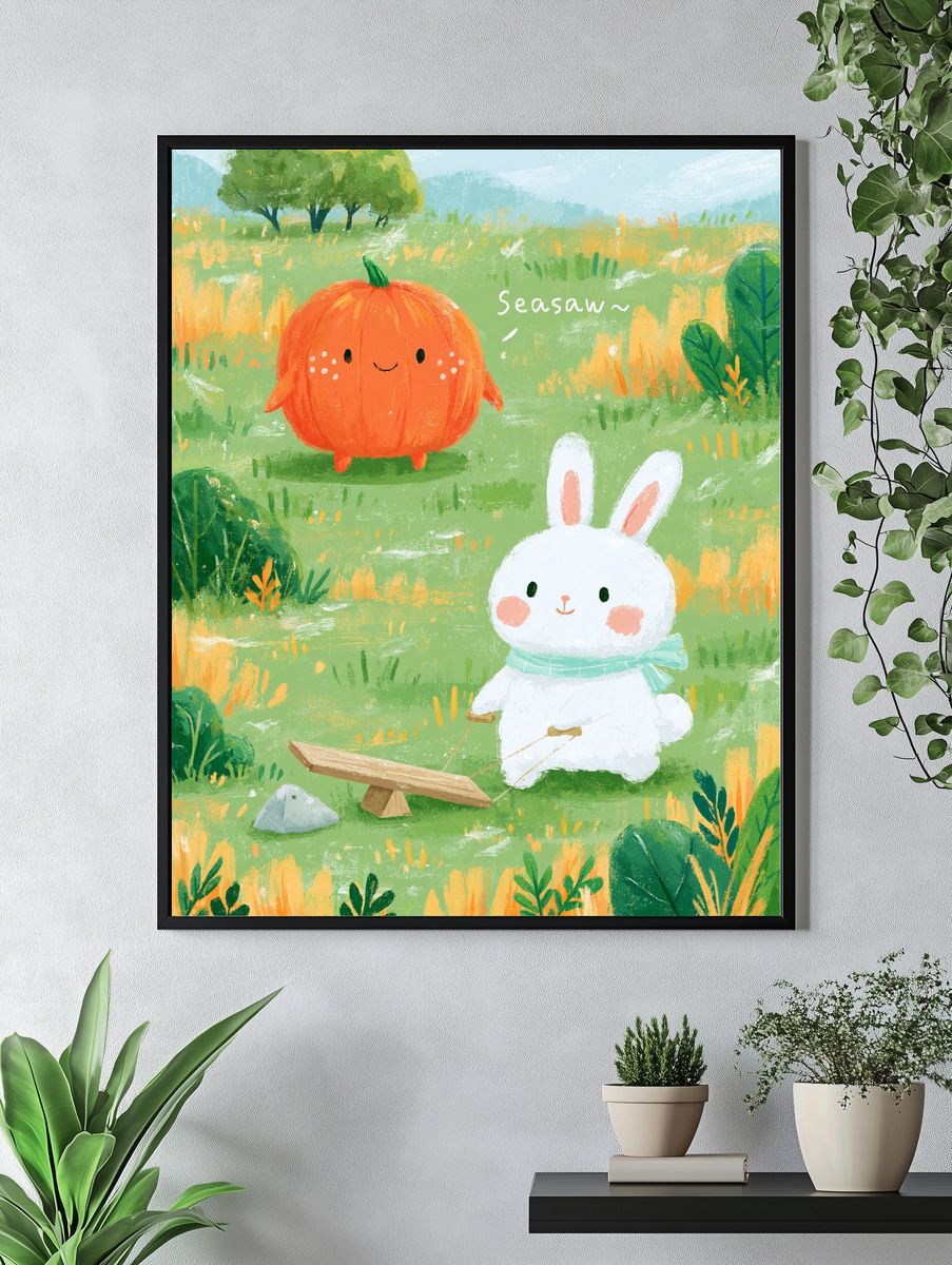 Cute Bunny and Pumpkin Illustration Poster. — room view 4
