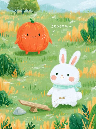 Cute Bunny and Pumpkin Illustration Poster. poster