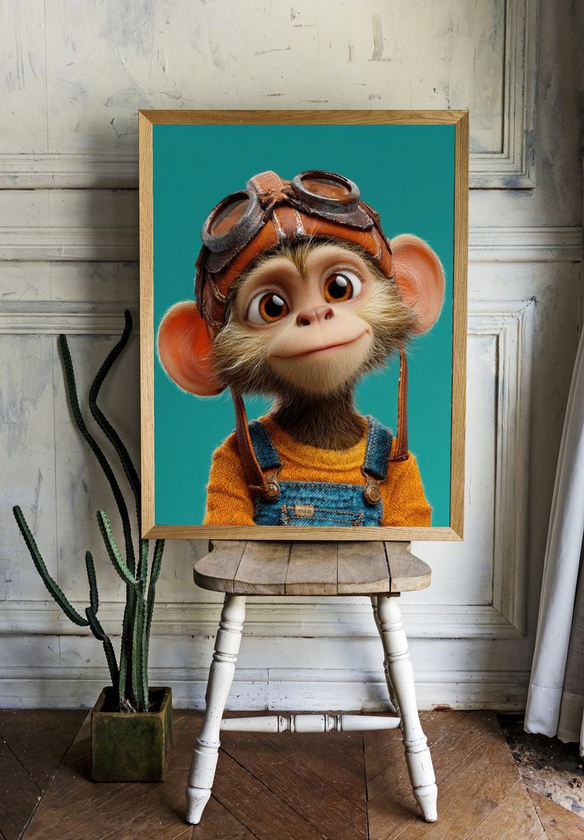 Cute Aviator Monkey Illustration Poster. — room view 1