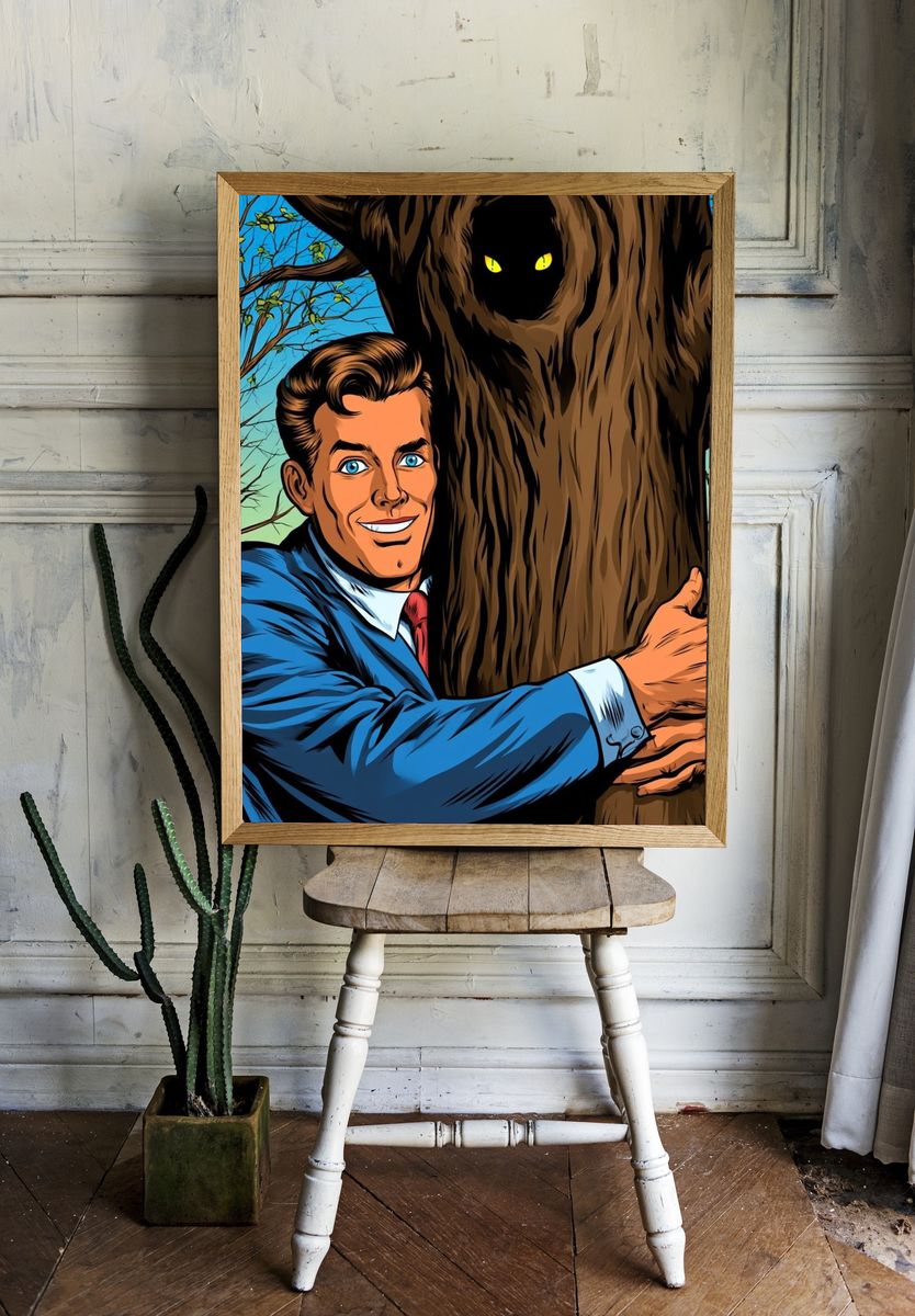 Retro Man Hugging Tree Poster. — room view 1