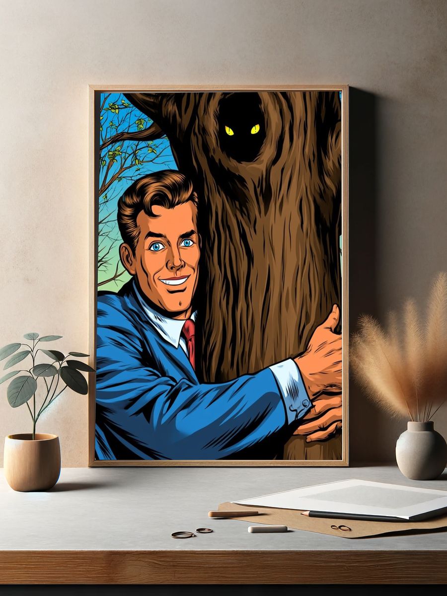 Retro Man Hugging Tree Poster. — room view 2