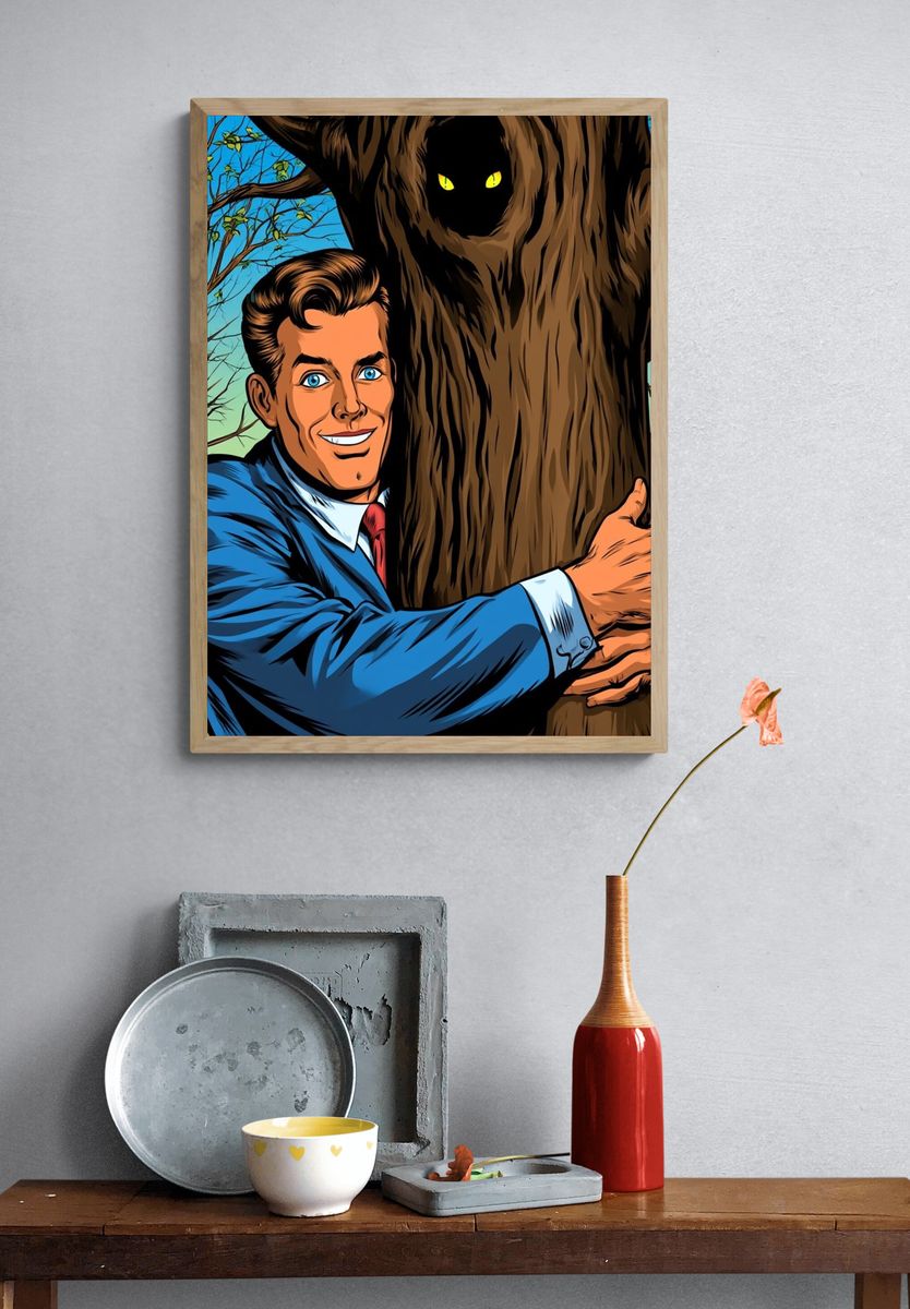 Retro Man Hugging Tree Poster. — room view 3
