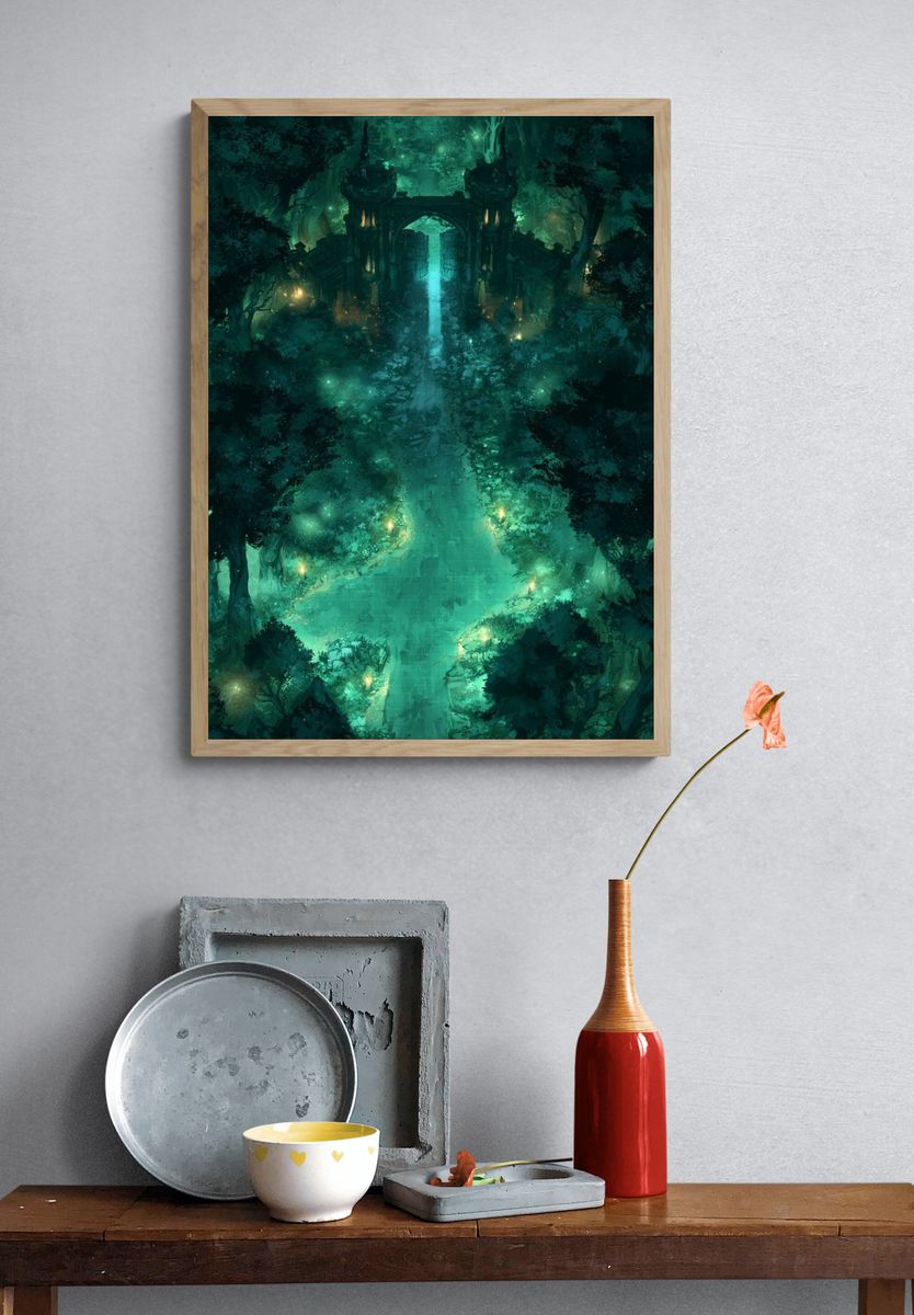 Enchanted Forest Gate Digital Art Poster. — room view 3