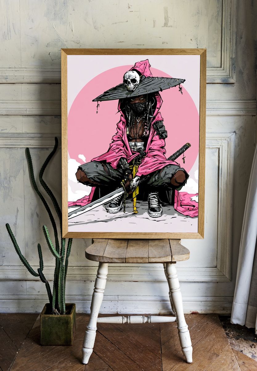 Pink Samurai Warrior Illustration Poster. — room view 1