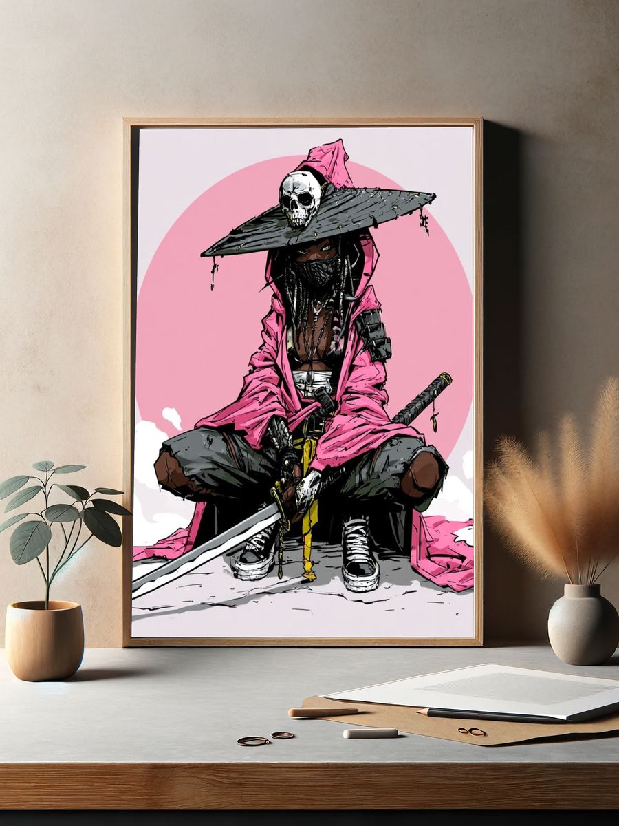 Pink Samurai Warrior Illustration Poster. — room view 2