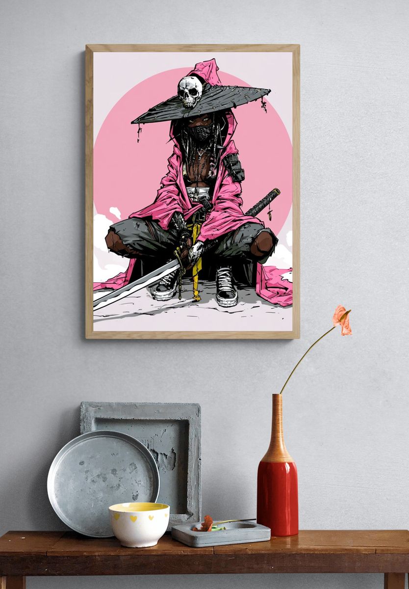 Pink Samurai Warrior Illustration Poster. — room view 3