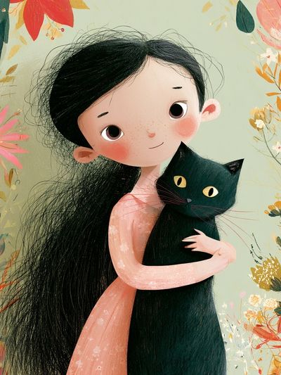 Girl with Black Cat Illustration Poster. poster print