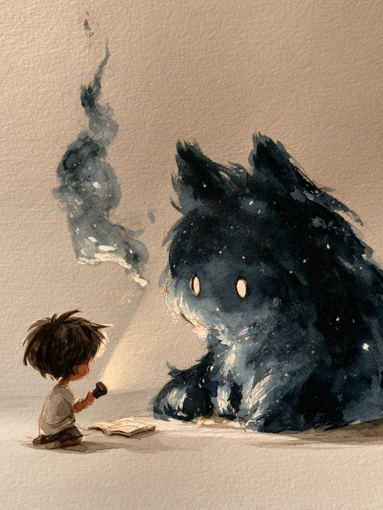 Boy and Spirit Creature Watercolor Print. poster — illustration art