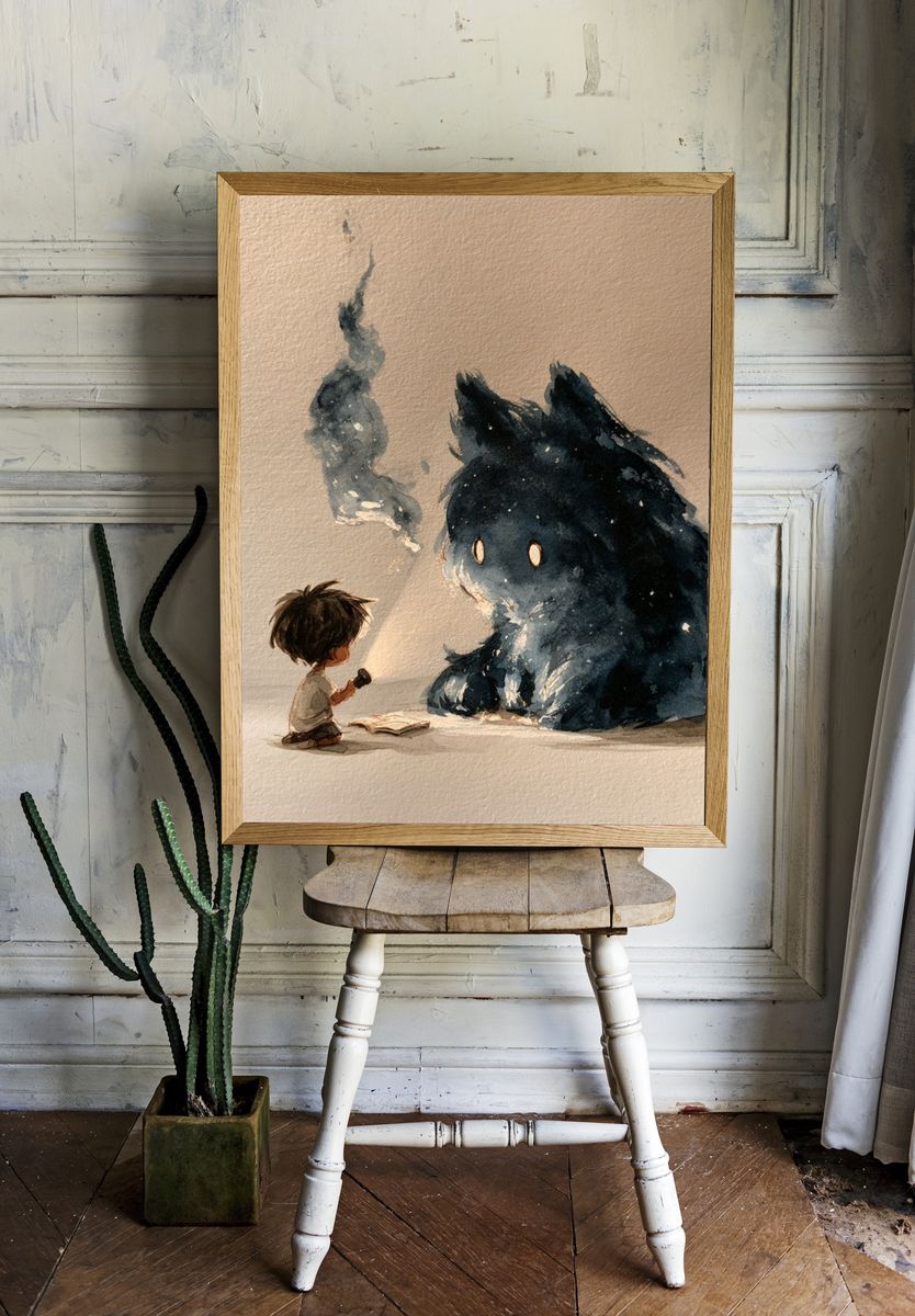Boy and Spirit Creature Watercolor Print. — room view 1