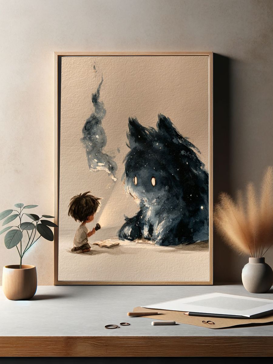Boy and Spirit Creature Watercolor Print. — room view 2