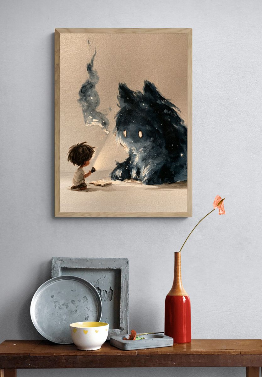 Boy and Spirit Creature Watercolor Print. — room view 3