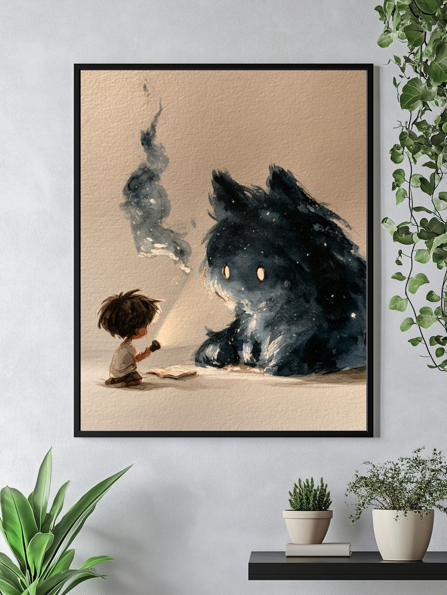 Boy and Spirit Creature Watercolor Print. — room view 4