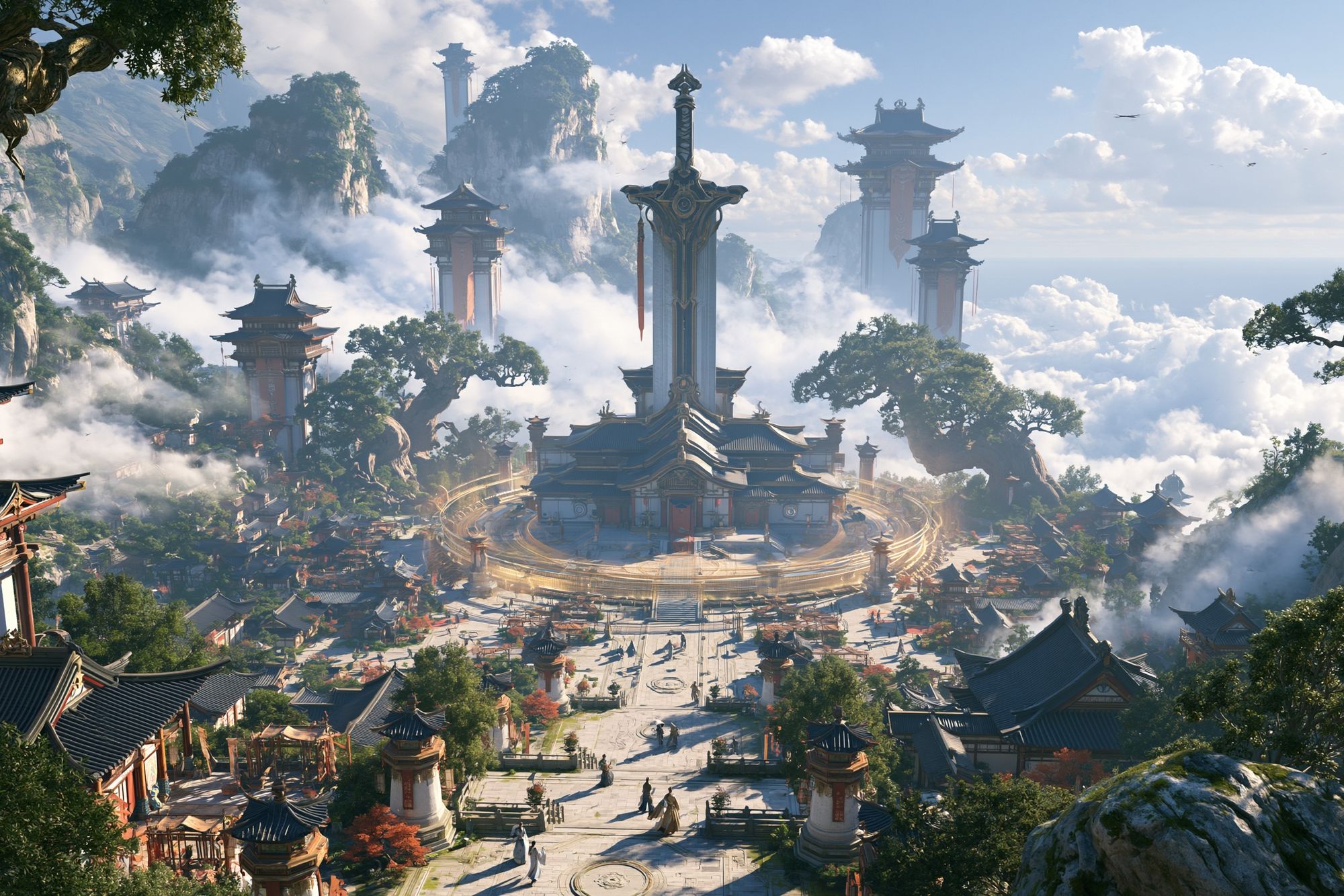 Celestial Mountain Temple Landscape Print. poster — illustration art