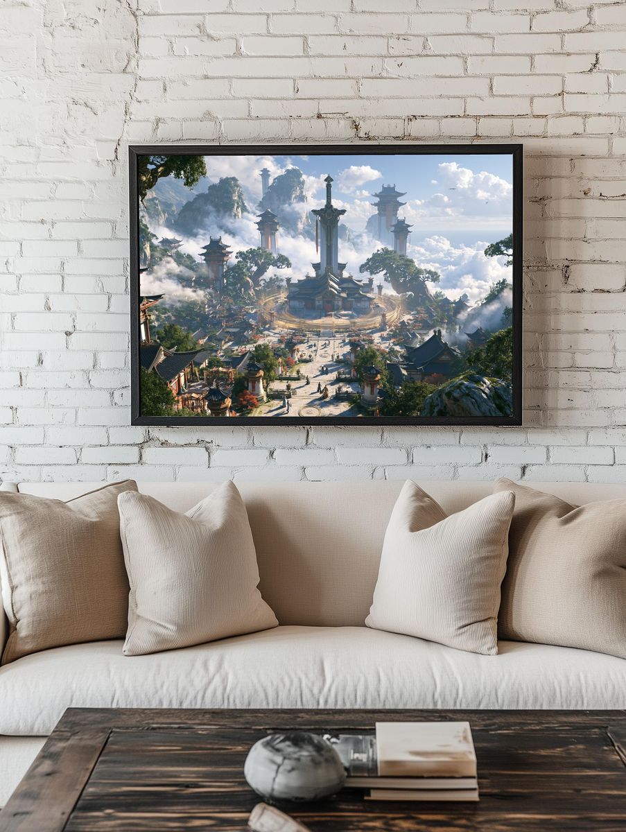 Celestial Mountain Temple Landscape Print. — room view 1