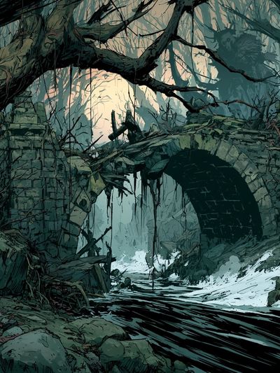 Ruined Forest Bridge Illustration Poster. poster print