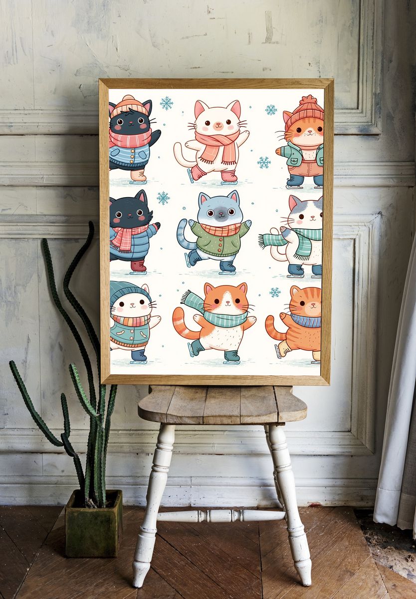 Winter Skating Cats Illustration Poster. room preview
