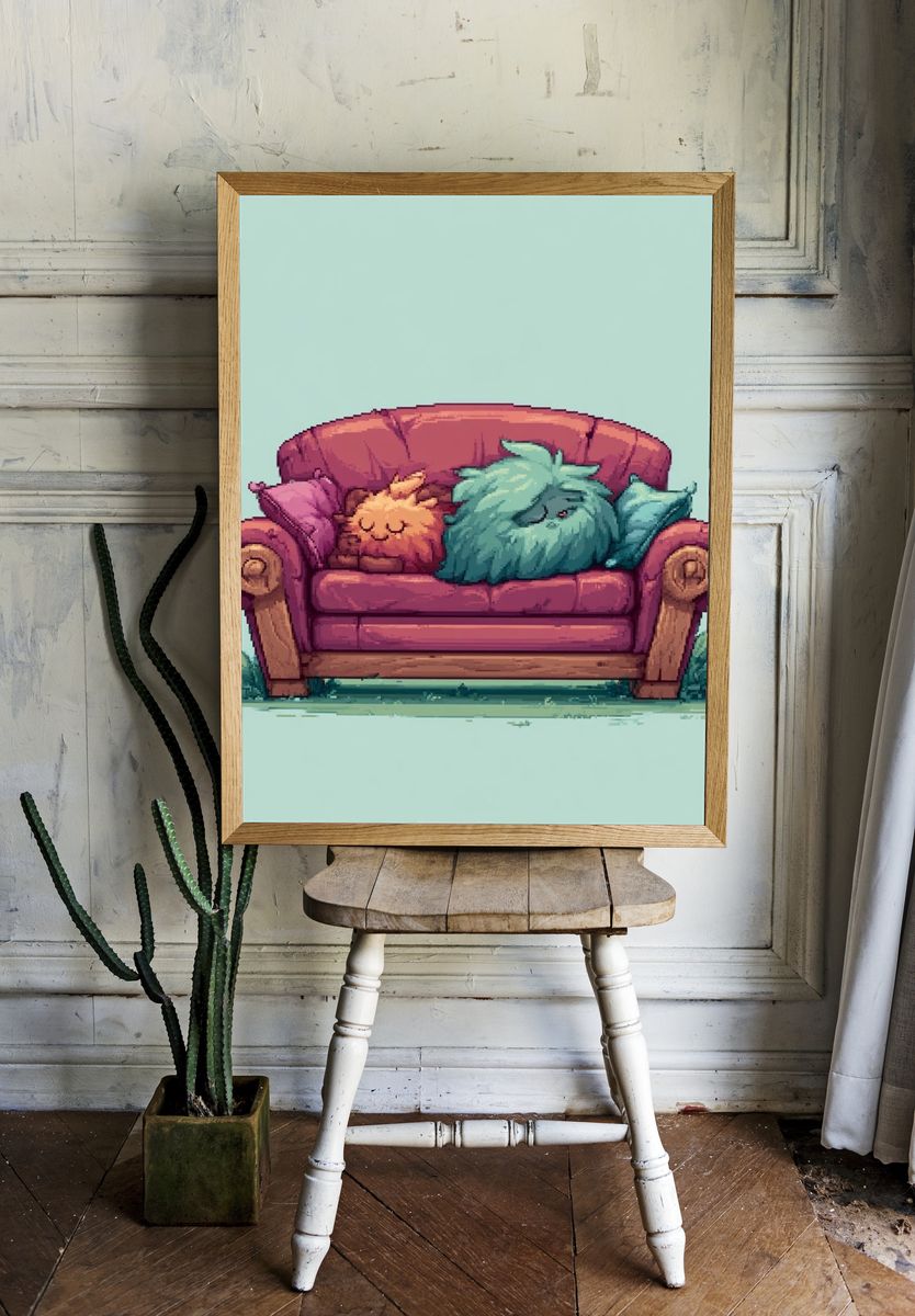 Cozy Couch Cats Illustration Poster. room preview